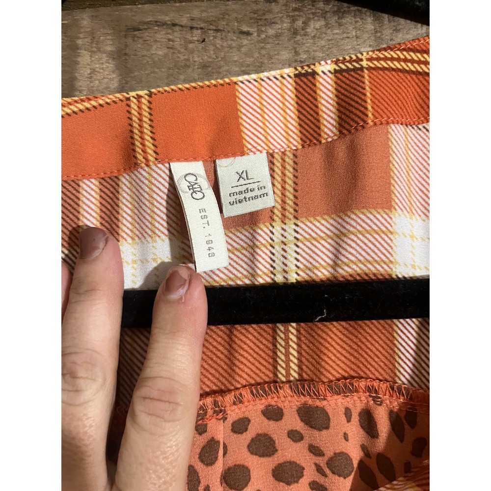 Cato Womens XL Leopard Plaid Mixed Media Tunic Top‎ Orange Brown Roll Tab V-Neck - Picture 3 of 5